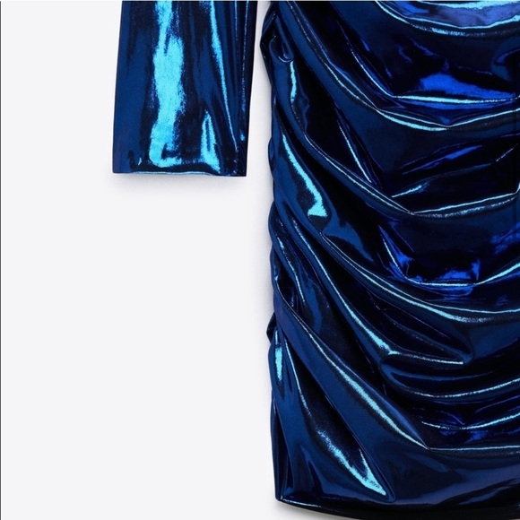NWT ZARA LAMINATED BLUE DRAPED DRESS - Picture 6 of 14